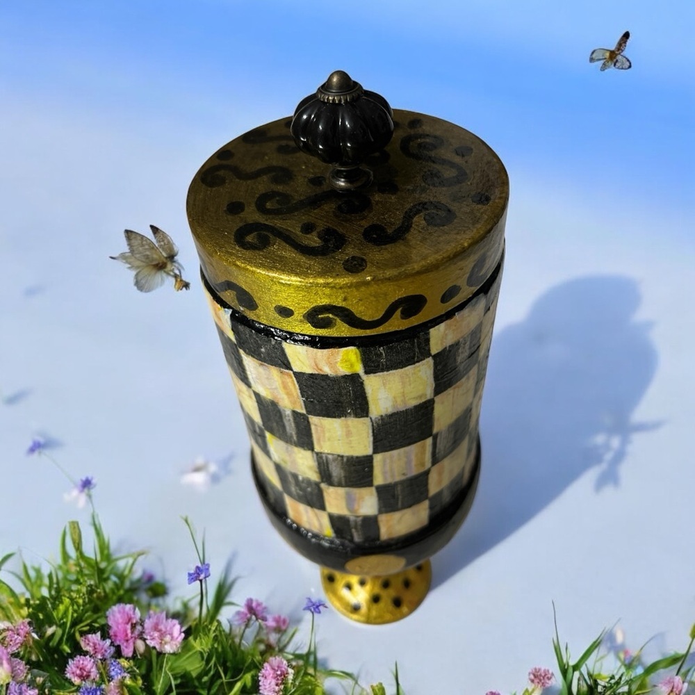 Hand-Painted Checkered Decorative Jar Mckenzie Child inspired